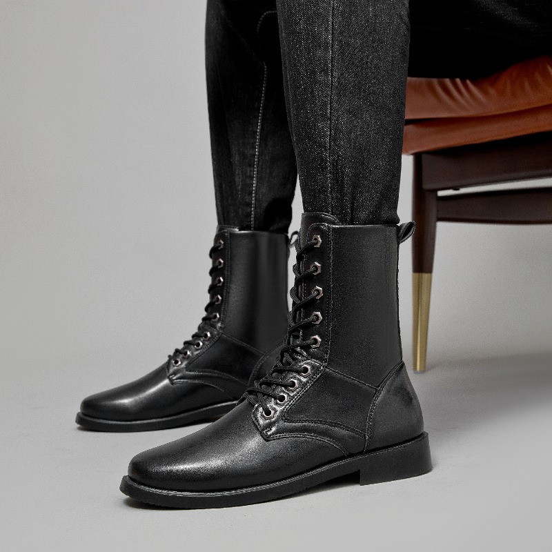 Men Shoes Black - Bottes en cuir à tige haute,